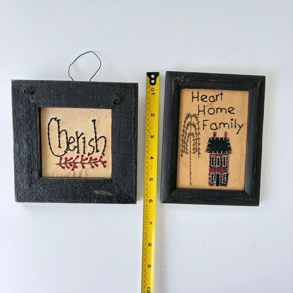 Primitive Folk Art Embroidered Framed Art Set Cherish Heart Home Family Black